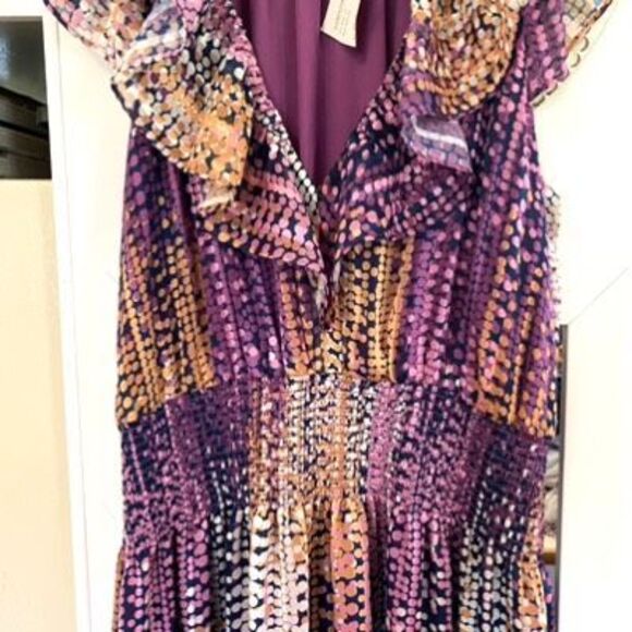 Ramy Brook Multicolor Patterned Maxi with v-neck ruffled sleeveless bodice Sz M, - Picture 4 of 13